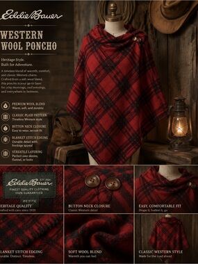 Eddie Bauer Red and Black Plaid Wool Blend Poncho
